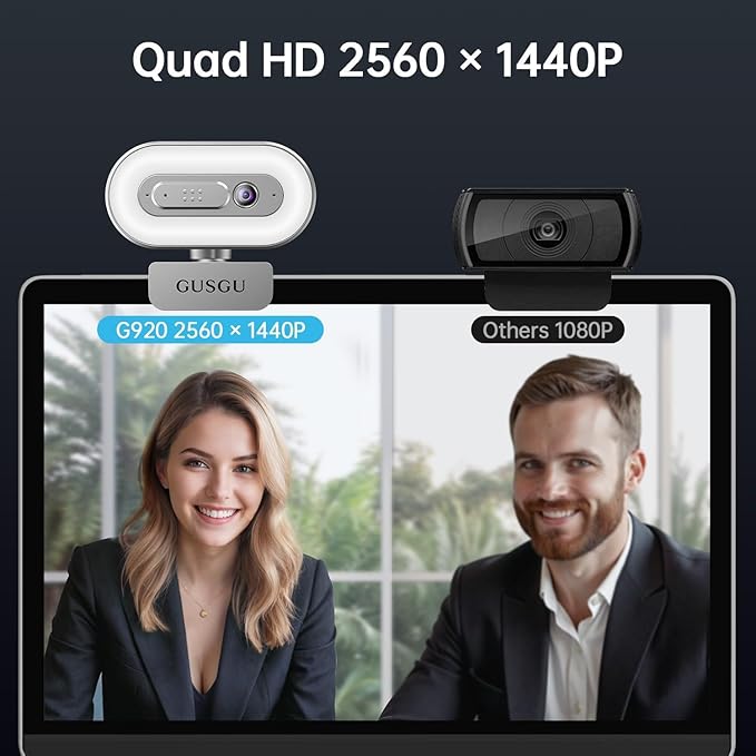 GUSGU G920 2K Quad HD Webcam for PC, Auto Focus, with Microphone & Light & Privacy Cover, Web Camera for Desktop Computer/Laptop/MacBook, USB Streaming Camera
