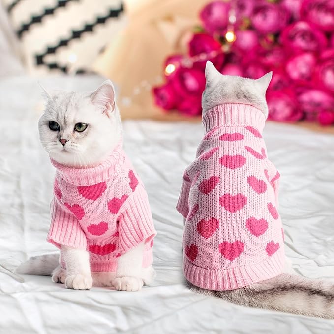 KOOLTAIL Cat Sweater - Valentine's Day Outfit with Hear Love Pattern Cold Weather Soft Warm Knit Turtleneck Clothes for Cats Kitten Small Dogs Puppy Pink M