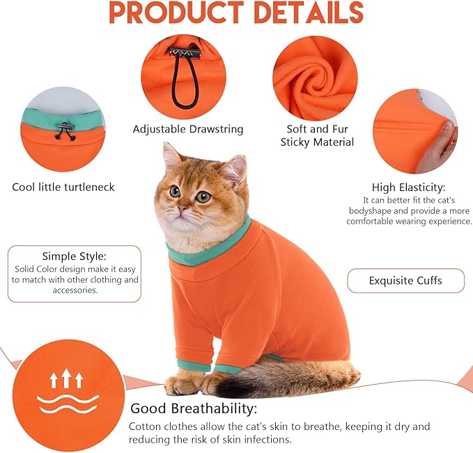 Sticky Cat Clothes Stretchy, Sphynx Hairless Sweater & Pajamas for Cats only, Soft Cat Onesie for Cats After Surgery Female Male & Hair Loss Prevention, Orange XS