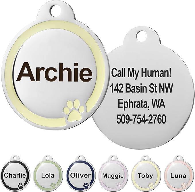 GoTags Stainless Steel Pet ID Bone Round and Heart Shaped Tags with Enamel Paw Design, Personalized Dog and Cat Tags, up to 5 Lines of Custom Text, Engraved on Both Sides (Cream, Small Round)
