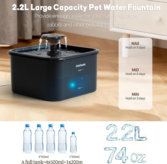 Pet Water Fountain, 74oz/2.2L Catsfoutek Water Fountain Cat for Drinking - Pet Fountain for Cats Inside - Quiet Automatic Cat Water Dispenser - Kitty Drinking Fountains - for Pets& Small Animals