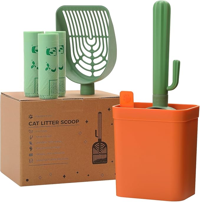 Cactus Cat Litter Scooper with Holder - 3 Rolls of Trash Bags, Wheat Straw Plastic Shovel & ABS Handle and Box - Cat Litter Scoop with Bag - Premium Kitty Litter Scoop Green