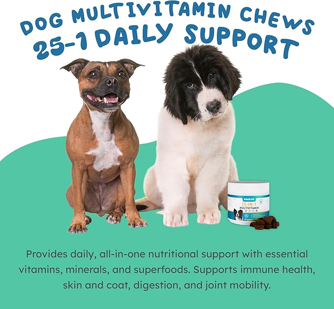 Dog Multivitamin Chews – 25-in-1 Daily Complete Nutrition Soft Chews with Vitamins, Minerals, Probiotics, Salmon Oil & Digestive Enzymes for Overall Wellness