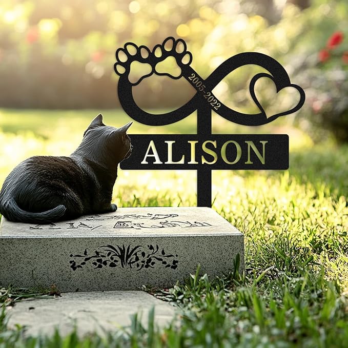 Custom Dog Cat Name Memorial Grave Marker, Personalized Pet Memorial Stake Metal Engraved Sign, Customized Cat Dog Memorial Grave Markers with Paws Heart Pet Memorial Plaque Burial Stake