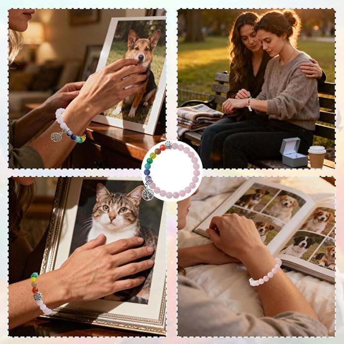 Pet Memorial Gifts, Sympathy Gift for Loss of Dogs and Cats, Chakra Rainbow Bridge Bracelet for Women Men Who Lost Pets
