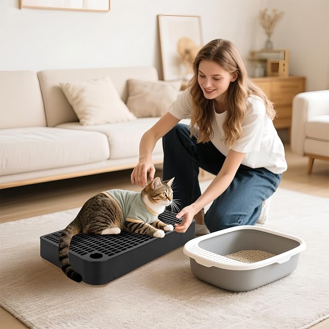 Cat Ramp Litter Box Step, Small Senior Cat Litter Box Mats Ramp for Floor with Filter Function, Low Entry Cute Cats Food Mat Stairs Prevent Tracking, Silicone Small Boxs Shield Catcher Mat Black