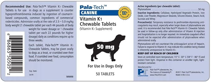 Pala-Tech Vitamin K1 Chewable Tablets for Dogs - Counters Hypoprothrombinemia - Dogs K1 Vitamin Supplement with Roast Beef & Liver Flavor - 50 mg, 50 Tablets