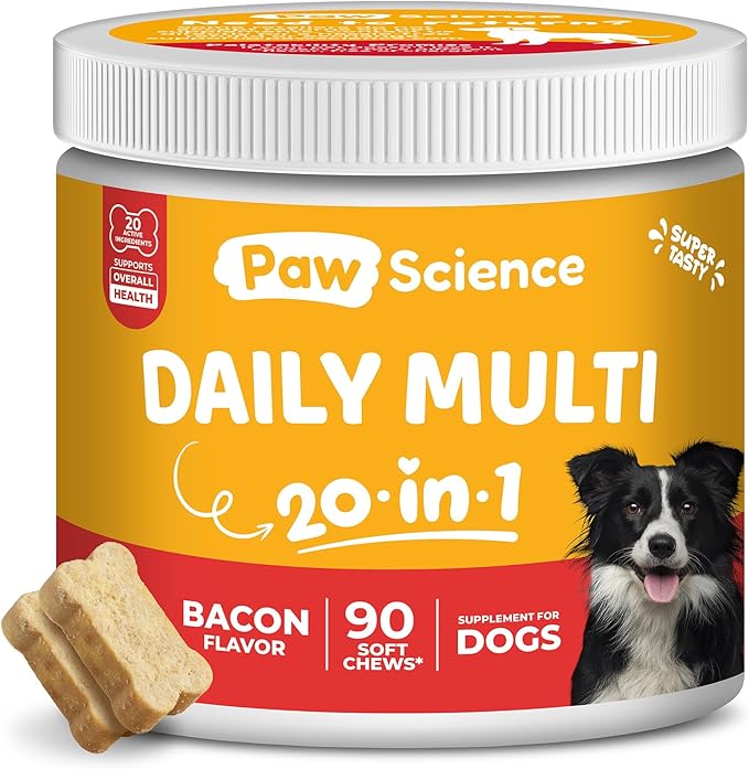 Paw Science Dog Vitamins and Supplements, 20-in-1 Multivitamin Treats for Dogs - Glucosamine, Probiotics, Wild Alaskan Salmon Oil, Chondroitin, MSM & More - Bacon Flavor - 90 Count