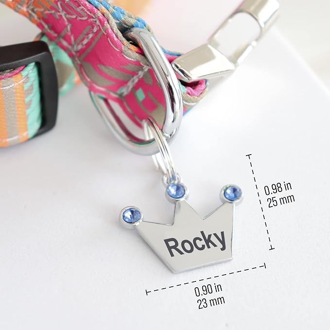 Custom Crystals Crown Pet ID Collar Tag, Personalized Stainless Steel Cute Shiny Bling Sparkly Safety Lost Charm Boy & Girl Dogs Puppies Cats & Ring Engraved SOS customizable with Name, Phone, Address