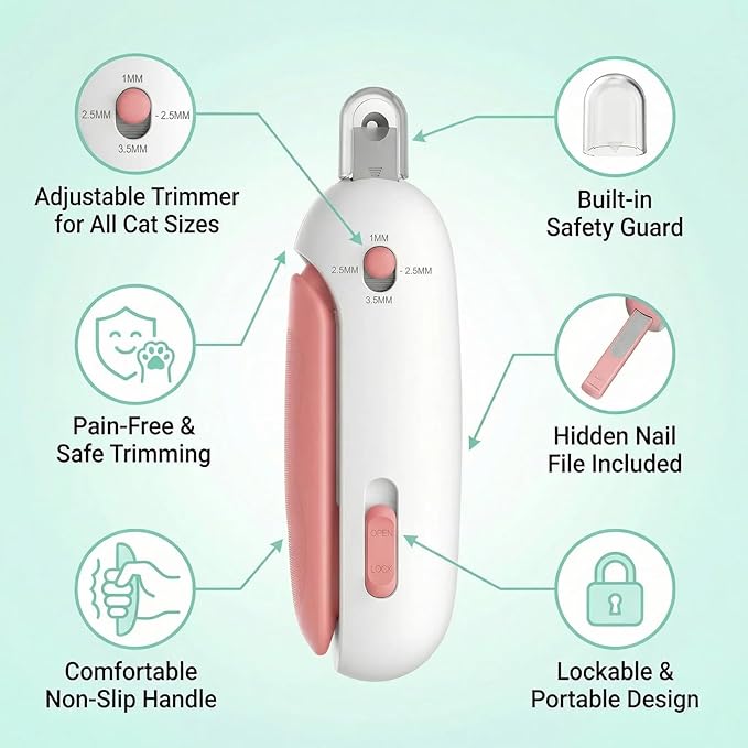 Wanheart Pink Cat Nail Clippers with Safety Guard & Nail Catcher, No Mess Cat Nail Trimmer for Cats & Kittens, Safe Pet Nail Clipper Anti-Splatter Collector, Cute Grooming Tool (Pink)