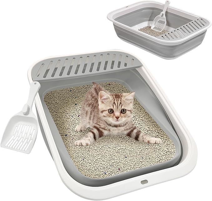 VCEPJH Kitten Litter Box Low Entry Litter Box for Senior Cats - Shallow Cat Litter Pan Collapsible Litterbox for Travel Grey