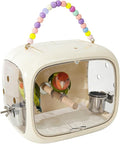 Small Bird Travel Cage Carrier, Portable Parrot Parakeet Cockatiels Carrier with Standing Perch and Easy Clean Tray, Budgies Transparent Breathable Cage with Accessories (Beige)