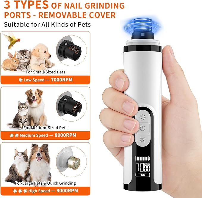 Dog Nail Grinder Upgraded – Gentle Paw Grooming & Smoothing, 3 Speed Dog Nail Trimmers & Dog Nail Clippers with Display, 2 LED & 3 Grinding Ports Ideal for Small/Medium/Large Dogs, Cats/Other Animals