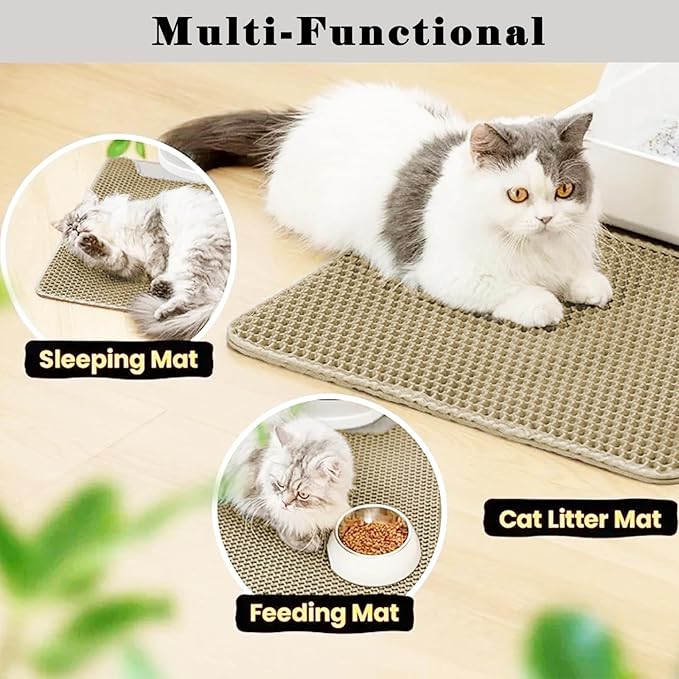 HCY&WLD Cat Litter Mat, Honeycomb Double Layer Cat Litter Trapping Mat, Waterproof Urine Proof Non-Slip, Scatter Control, Less Waste, Easier to Clean (Beige, 45" X 26")
