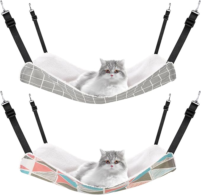 Jetec 2 Pieces Reversible Cat Hanging Hammock Soft Breathable Pet Cage Hammock with Adjustable Straps and Metal Hooks Double Sided Hanging Bed for Small Dogs Rabbits(Geometry Pattern,M)