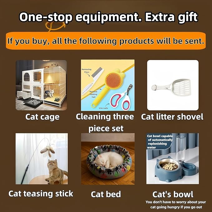 Indoor Cat Cage with Litter Box,Complimentary Cat Bed, Bowl Double-Layer Cat House with Wheels Outdoor Large Cat Enclosure, Small Animal Dog Kennel(28″(L) x18.2″(W) x32.4″(H))
