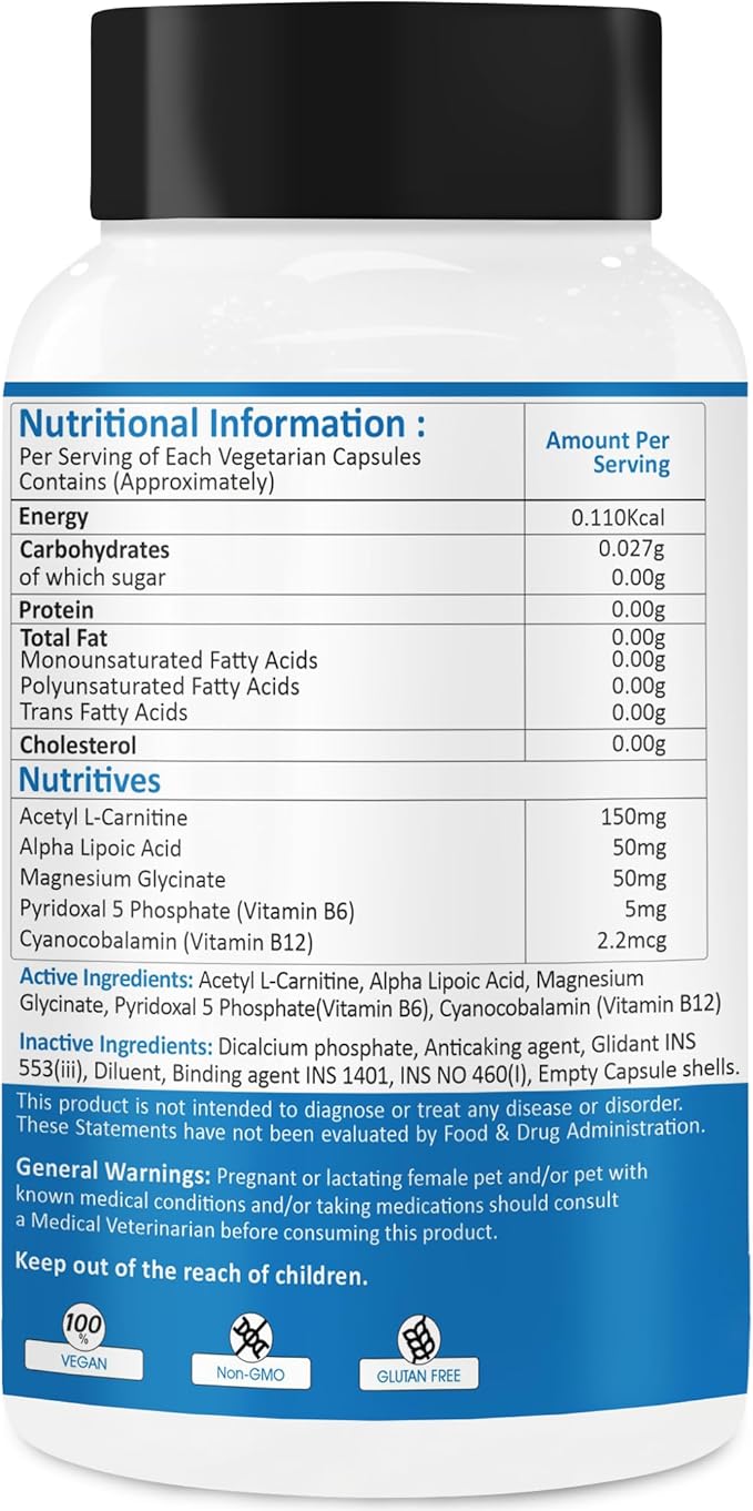 Brain & Nerve Health Supplement for Dogs & Cats | Supports Nervous System & Cognitive Function | with Vitamin B6, Vitamin B12, Alpha Lipoic Acid & Acetyl L-Carnitine | 100 Capsules
