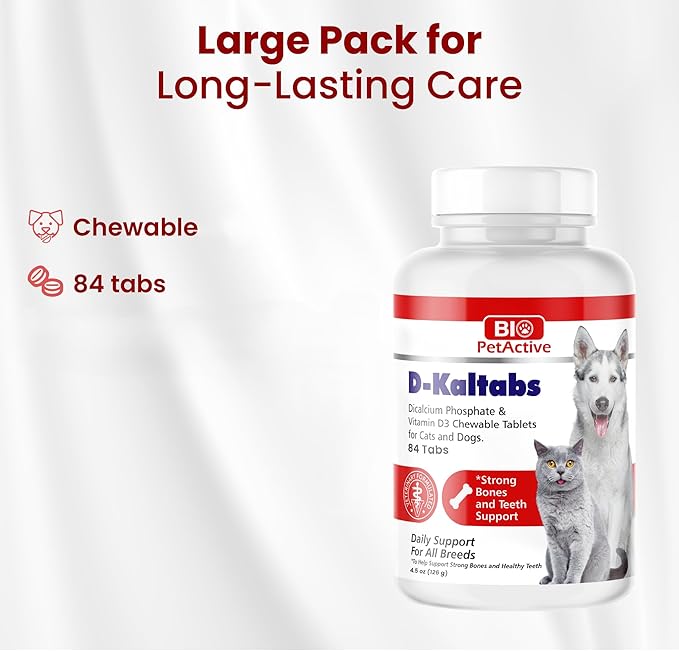 Bio PetActive D-Kaltabs Calcium Phosphorus Supplement for Dogs & Cats with Vitamin D3 - Supports Strong Bones, Teeth & Nails - Healthy Growth & Development - 84 Chewable Tablets