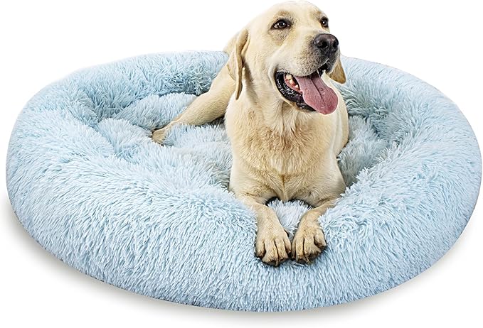 Calming Dog Bed for Big Dogs, 39'' Round Anti-Anxiety Warm Fluffy Plush Faux Fur Bed, Soft Anti-Slip Donut Washable Big Pet Bed, Cozy Big Dogs Bed, Fits up to 100 lbs Pets