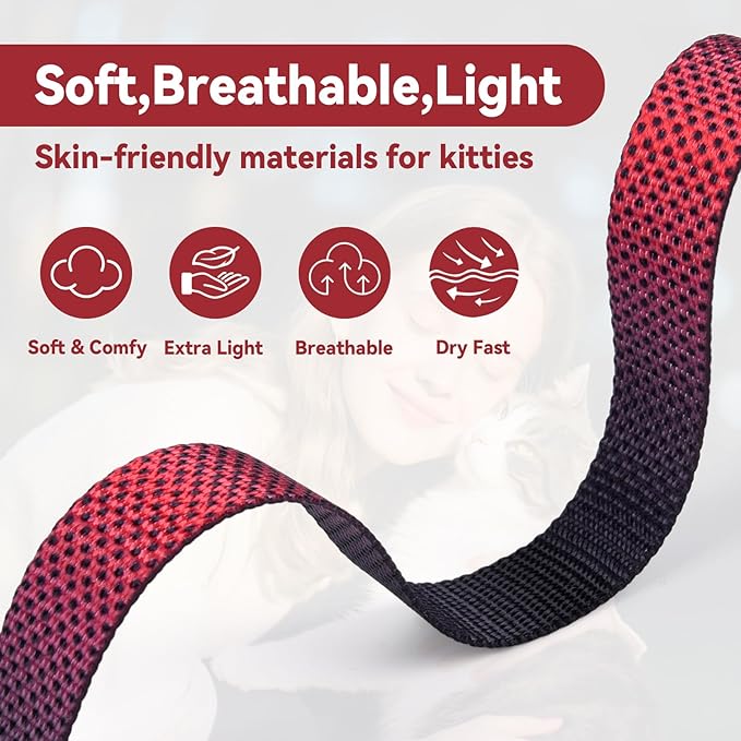 Cat Harness and Leash Set, 3-in-1 Escape Proof Adjustable, Comfortable Soft Lightweight, Safe, Easy to Wear, Walking Travel Kitten Harness for Small Medium Cats （Red