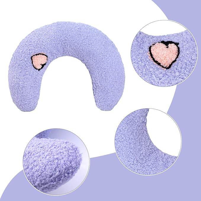 Lystaii Cat Calming Pillow for Indoor Pet Small Dog Calming Pillow Soft Fluffy Cat Bed Dog Neck Toy Half Donut Anxiety Relief Toy with Cute Embroidery Pattern (Purple, Peaches)