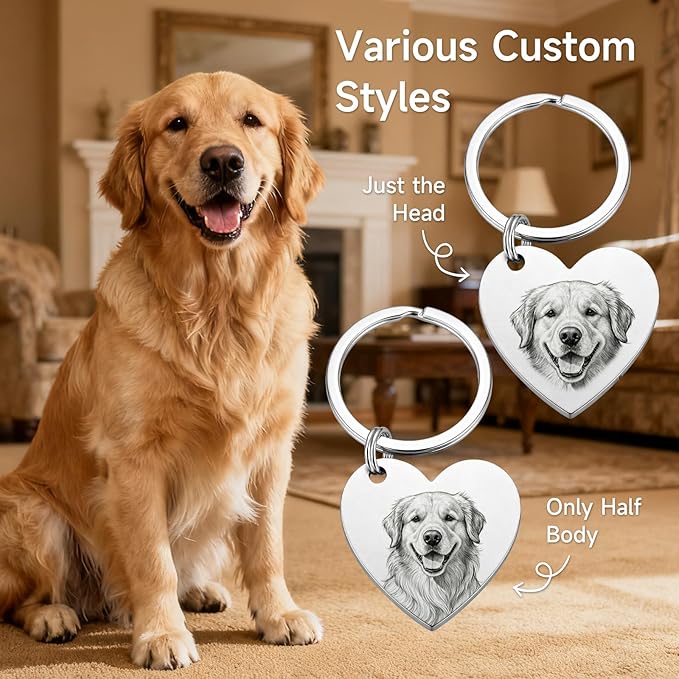 Custom Dog or Cat Portrait Keychain, Personalized Photo Engraved Keychains with Name, Customized Pet Memorial Gifts for Loss of Pets (Heart Shape)
