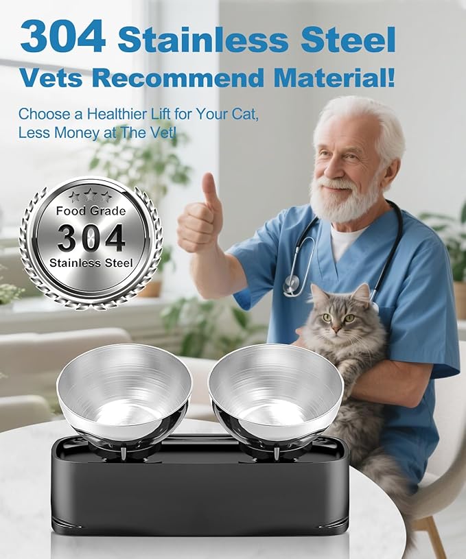 Elevated Cat Bowls, 15° Tilted in Both Way & 4 Height Adjustable Raised Cat Food Bowl, Cats Dish for Food and Water with 2 Stainless Steel Bowls, Anti Vomiting for Cats Puppy, Non-Slip No Spill