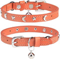 Leather Cat Collars for Boy Girl Cats with Bell and Safety Elastic Belt, Personalized Star and Moon Stud Adjustable Safe Buckle Collar for Kitty Small Big Cats Size 8-12 Inch, Orange