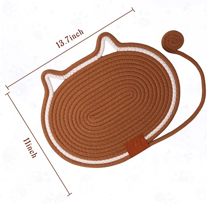 2 PC Cat Scratcher Mat - Natural Cotton Rope Oval Horizontal Scratch Pad (11''x13.7'') with Dangling Ball Toy, Cat Ear Design, Furniture Protector for Floor/Wall, Durable Handmade (Brown, 2 PC)
