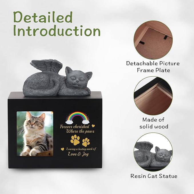Cat Urns for Ashes, Rainbow Bridge Pattern Black Wooden Keepsake with Photo Frame, Pet Memory Box with Resin Cats Angel Statue and Sealed Storage Bags (Up to 10kg)