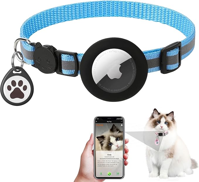 Reflective Breakaway Cat Collar with Apple AirTag Holder with Smart ID tag, QR Code Tag & Bell - Personalized Real-Time Tracking for Cats & Kittens,NO APP (Sky Blue)