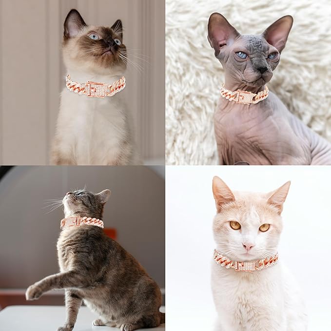 Amabro Diamond Cat Chain Collar, Metal Cuban Link Dog Collar with Secure Buckle Cat Pet Necklace Chain Pet Collar Jewelry Accessories for Small Medium Dogs Cats Puppy Kittens (Rose Gold, 10 inch)