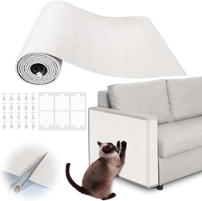 Cat Scratch Furniture Protector - 78.7" x 17" Trimmable Self-Adhesive Cats Claws Scratch Pads, DIY Cat Climbing Couch Protector for Scratch Post Cat Tree Replacement Indoor (Cream White)