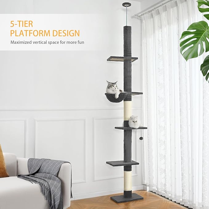 Floor to Ceiling Cat Tree,5 Tiers Tall Cat Tower with Adjustable Height(98-110),Cat Tree Floor to Ceiling with Cozy Hammock,Sisal Scratching Posts,Platforms,and Hanging Balls for Large Cats