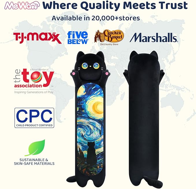 Mewaii Long Cat Plush 5 Sizes, 120% Extra Filling Giant Plushness Kids Body Pillow, Kawaii Cute Black Starry Cat Stuffed Animals Plushies, Big Long Body Pillow Cat Plush Gift for Girls 44”