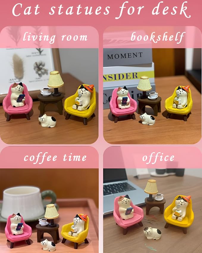 Miniature Cat Desk Set with Sofa & Lamp - 6-Piece Cute Cat Figurines for Office Decor, Shelf Decor, Home Decor, Resin Gift for Men, Cat Lovers (CAT)