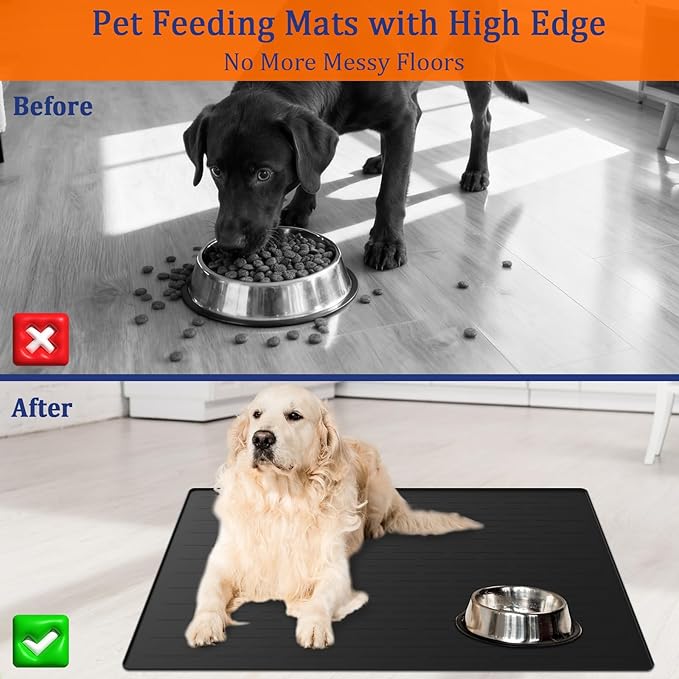 31.8"x23.8" Extra Large Pet Food Mat, Silicone Dog Mats for Food and Water, XL Nonslip Pet Feeding Mats for Floors,Dog Cat Bowl Mat with Raised Edges, Black
