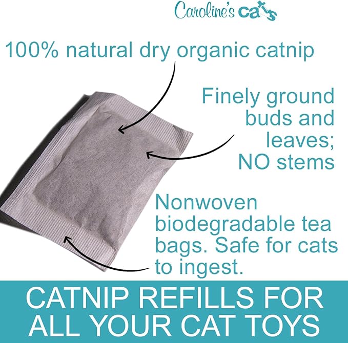 Caroline's Cats Organic Catnip Packets for Cat Toys – Refill Pouches for Flapping Bird, Flopping Fish, and More, 10 Tea Bags