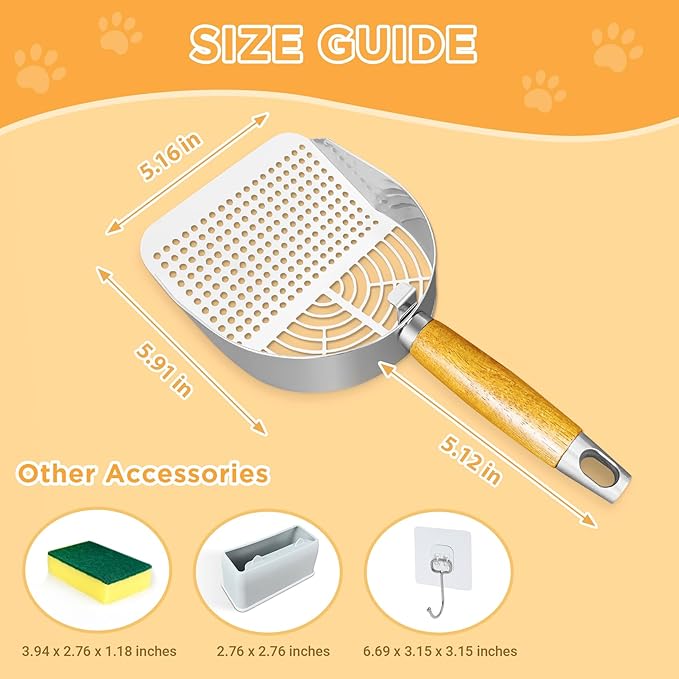 Stainless Steel Litter Scoop, Kitty Litter Scooper, Metal Cat Litter Scoop, Kitten Pooper Lifter, Cat Scooper, Kitty Metal Scooper with Holder for Cat Litter Box Round Holes Easy Cleaning