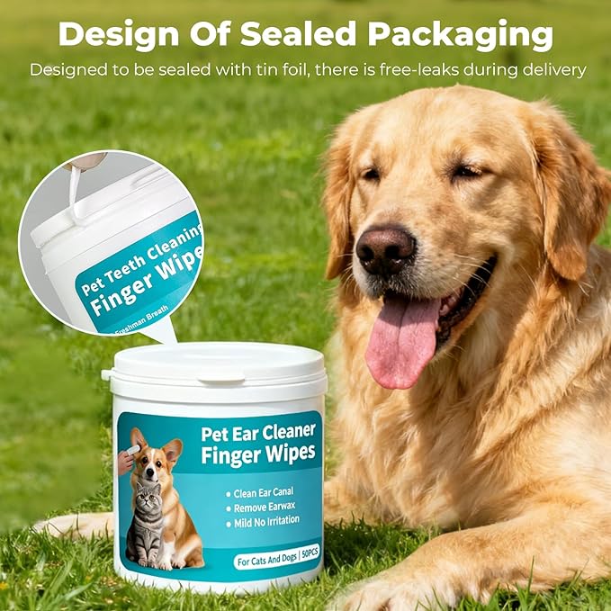 Pet Ear Cleaner Finger Wipes for Dogs, Cats, Gentle Alcohol-Free Formula, Removes Wax, Debris, 50 Count, Vet Approved, 4x8cm