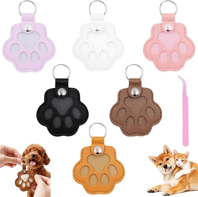 6 Packs Pet Hair Leather Keychain, Dog Cat Fur Storage Paw Keyring, Memorial Keepsake, Collar Bag Purse Key Charms