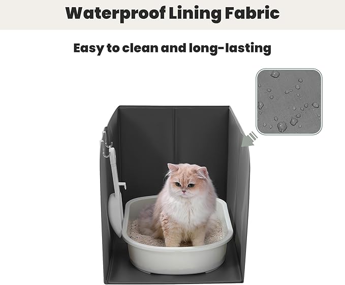 Beveetio Waterproof Cat Litter Box Enclosure Splash Guard, Foldable Cat Box Enclosure with Removable Mat & 2 Hooks for Scoop, Easy to Clean, Large Pee Shield for Litter Pan, 24"L X 16.14"W X 16.14"H
