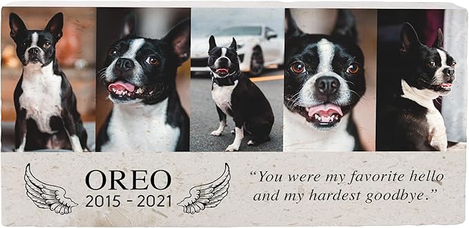 Custom Dog Memorial Stone, Personalized Pet Headstones for Dogs, Outdoor Pet Grave Markers with Photo Print and Text, Loss of Pet Sympathy Gift, 12”x6”x1.25" Pet Grave Stone (B. Oreo Design)