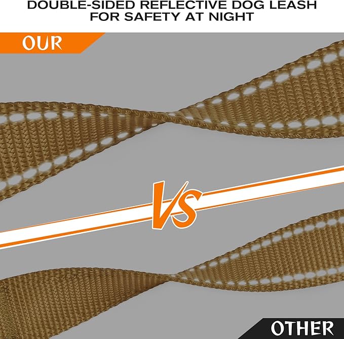 Joytale Dog Leash Heavy Duty for Large Dogs that Pull, Double Handle for Traffic Control, Double-Sided Reflective Leashes for Large Medium Dogs Night Safety, 6FT, Khaki