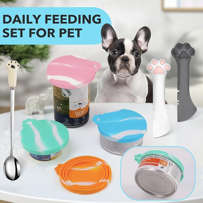 Comtim 5 PCS Pet Food Can Lids & Spoons Set - Silicone Dog Cat Covers With Multi-Function Spatula Opener for Wet Food - Long Handle Easy to Scoop