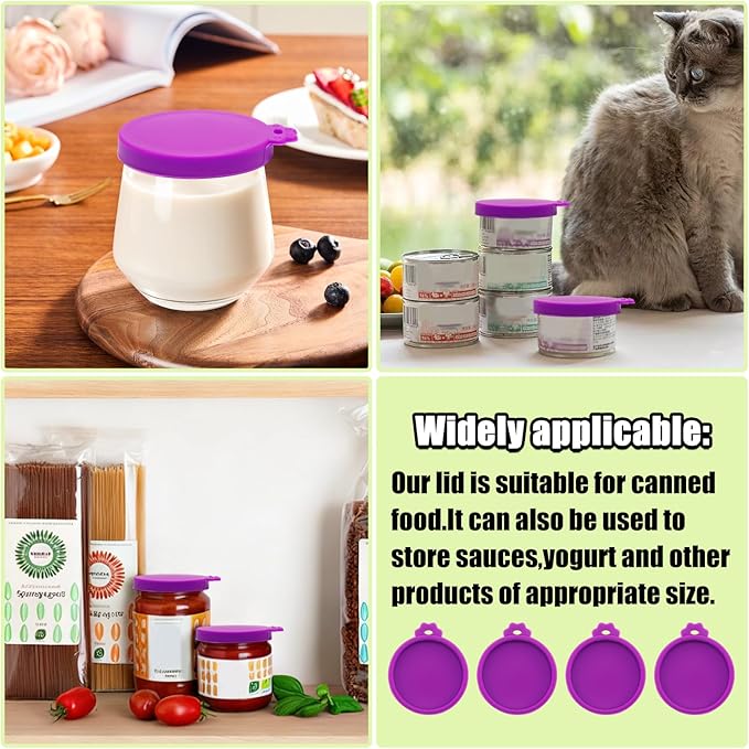 PINE & LINEN 4 Pcs 2.5inch Durable Pet Can Lids,Silicone Small Pet Can Covers Waterproof Cat Food Cans Lids for 3 oz Cat Food Cans（Purple）