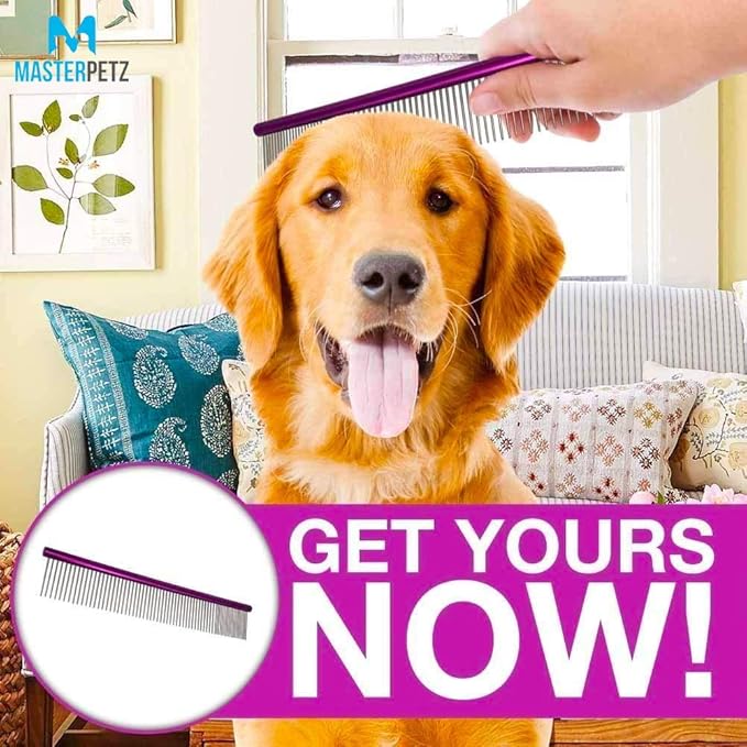 Pet Comb 10 inches Comfortable Grooming Cat Comb with Different-Spaced Rounded Stainless Steel Teeth, Easy Grip and Convenient Grooming Metal Dog Comb for Pets Dog with Medium Coarse Fur - Purple
