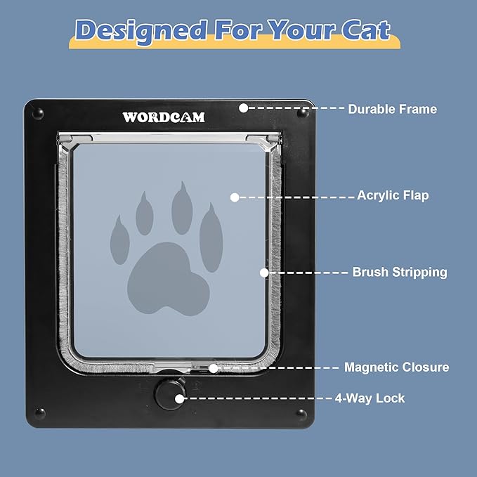 Wordcam Large Cat Door(Outer Size 10.7'' x 9.5''), Robust Cat Door for Interior Exterior Doors, 4 Way Lockable Cat Flap Door, Pet Door for Cats Kitty Kittens Doggies (Black, L)