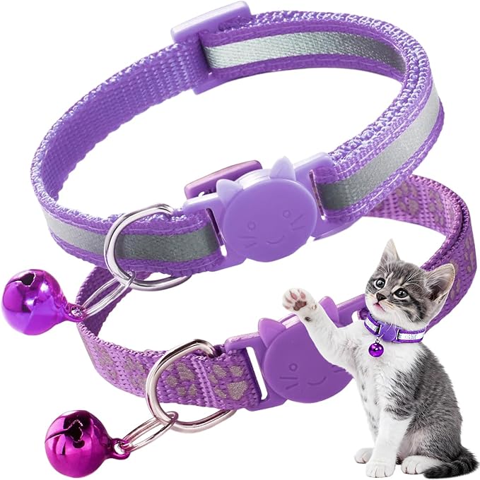 2 Pack Cat Collar with Bells, Breakaway Reflective Kitten Collars with Safety Buckle Adjustable for Girl and Boy Pets, Purple