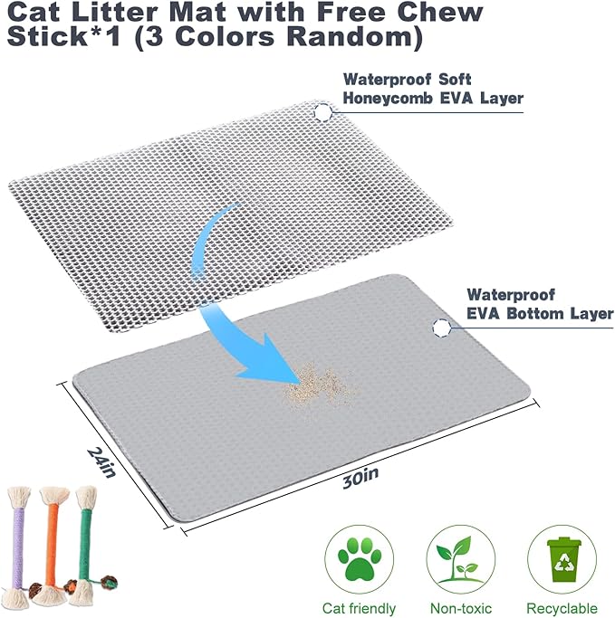 Cat Litter Mat 30"x24" Double Layer Waterproof & Non-Slip - Honeycomb Washable EVA Large Litter Mat for Scatter Control, Urine Proof Litter Trapping Mat for Litter Box(Light Grey)